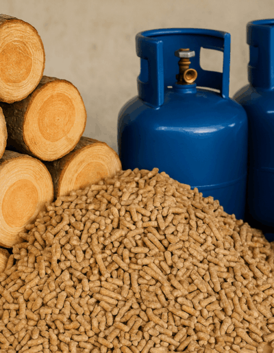 Legna e pellet da ardere e pratiche bombole di gas